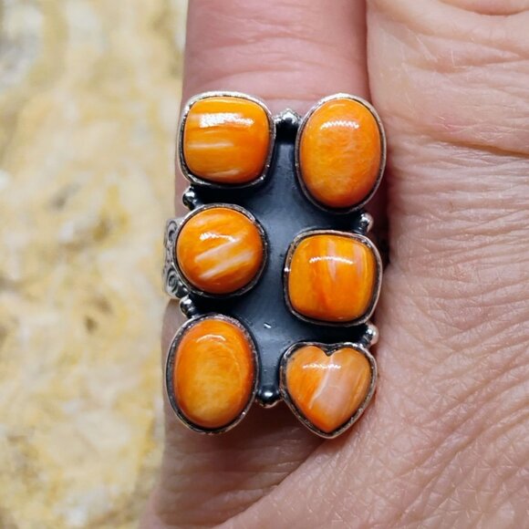 Southwest Sterling Silver Orange Spiny Oyster Shell Cluster Ring Size 6 Handmade - Picture 2 of 9